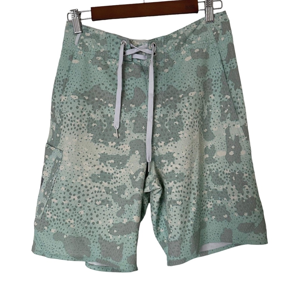 AFTCO Mens Size 28 Board Shorts Mint Green Camo Fishing Swim Trunks Cargo Pocket